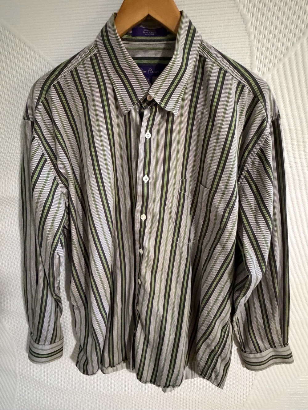 Alan Flusser Olive and Gray Vertical Stripe Dress Shirt